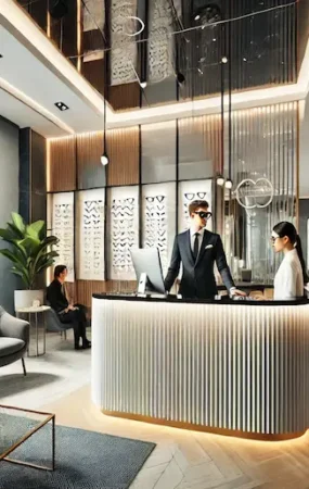A modern and upscale eye care clinic reception area located in Gramercy Park, New York City. The interior features sleek, contemporary design elements with a clean and professional look. The reception desk has a friendly staff member greeting patients, a stylish waiting area with comfortable seating, a coffee table with magazines, and an attractive display of fashionable eyewear frames on the walls. The clinic exudes a welcoming, luxurious, and professional atmosphere, with plenty of natural light and greenery to enhance the ambiance.